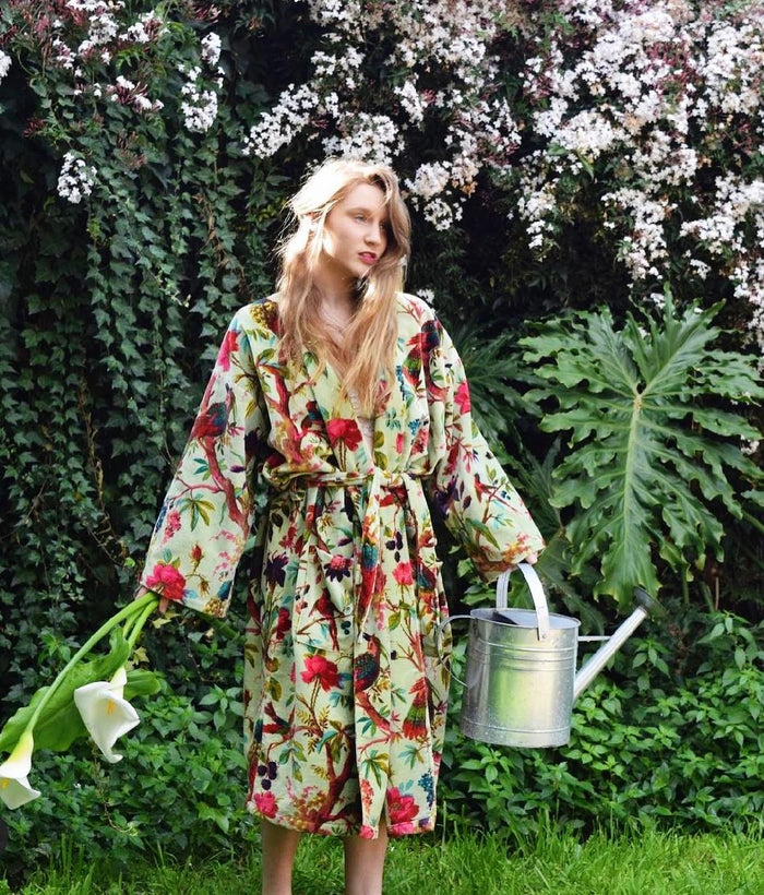 VELVET KIMONO ROBE - SOFT GREEN BIRDS OF PARADISE