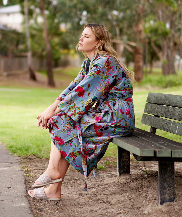 VELVET KIMONO ROBE - STEEL BLUE BIRDS OF PARADISE