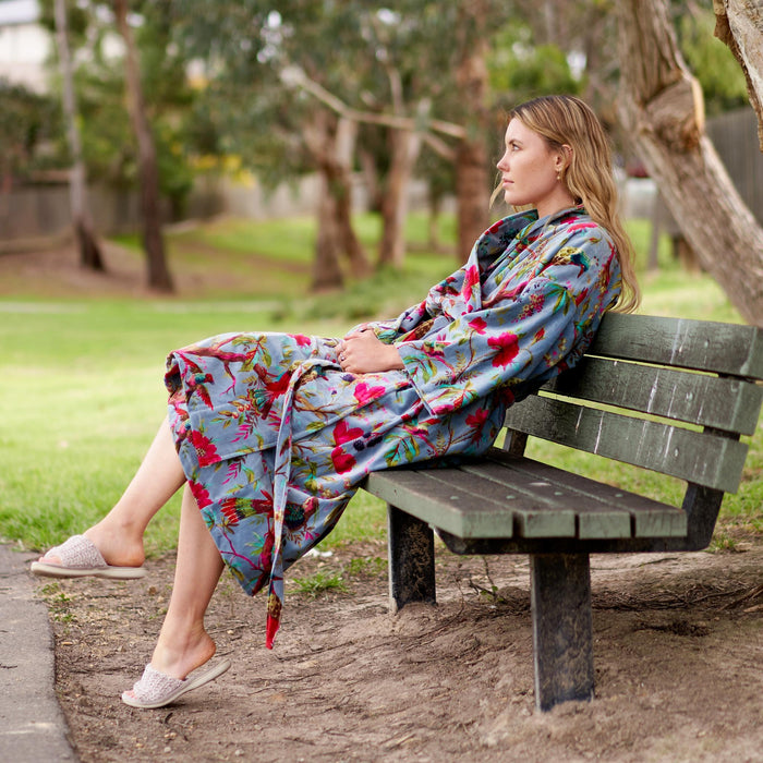 VELVET KIMONO ROBE - STEEL BLUE BIRDS OF PARADISE