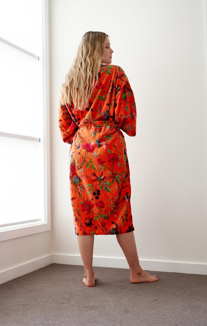 VELVET KIMONO ROBE - TANGERINE BIRDS OF PARADISE