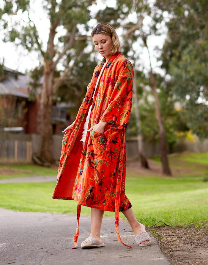 VELVET KIMONO ROBE - TANGERINE BIRDS OF PARADISE