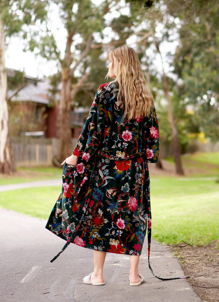 VELVET KIMONO ROBE -EMERALD FLORALS