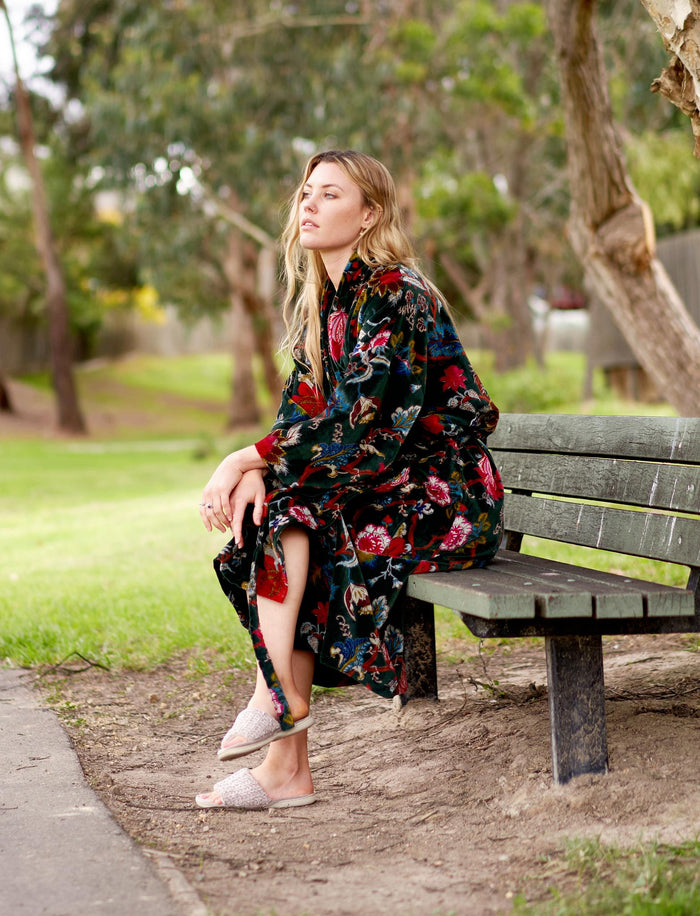 VELVET KIMONO ROBE -EMERALD FLORALS