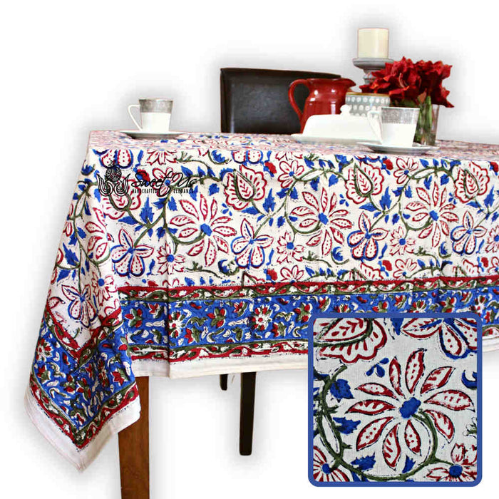 Venetia Block Print Floral Cotton Square Tablecloth — Rosewood Bloom - Sweet Us