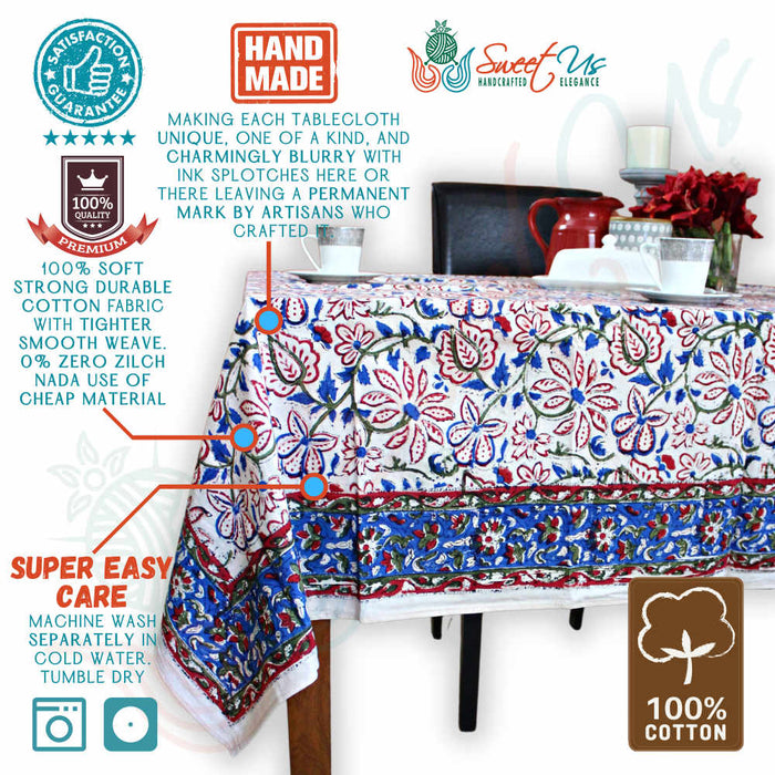 Venetia Block Print Floral Cotton Square Tablecloth — Rosewood Bloom - Sweet Us