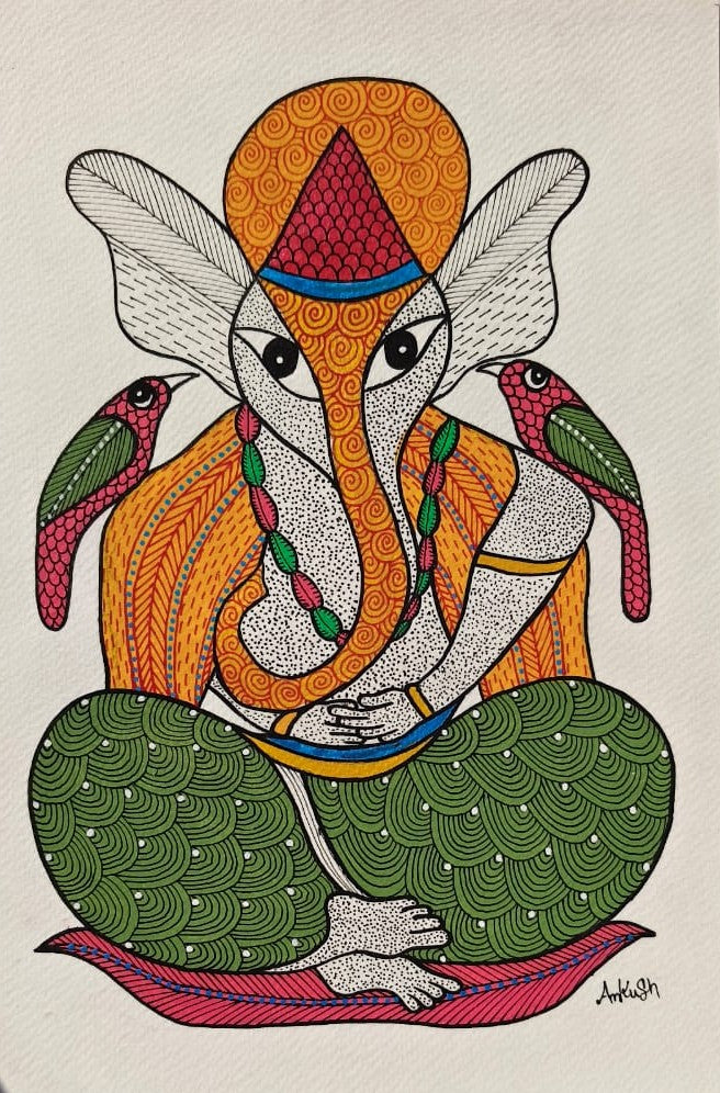 Vibrant Tribal Lord Ganesha with Parrots - Gond Painting   Paintings