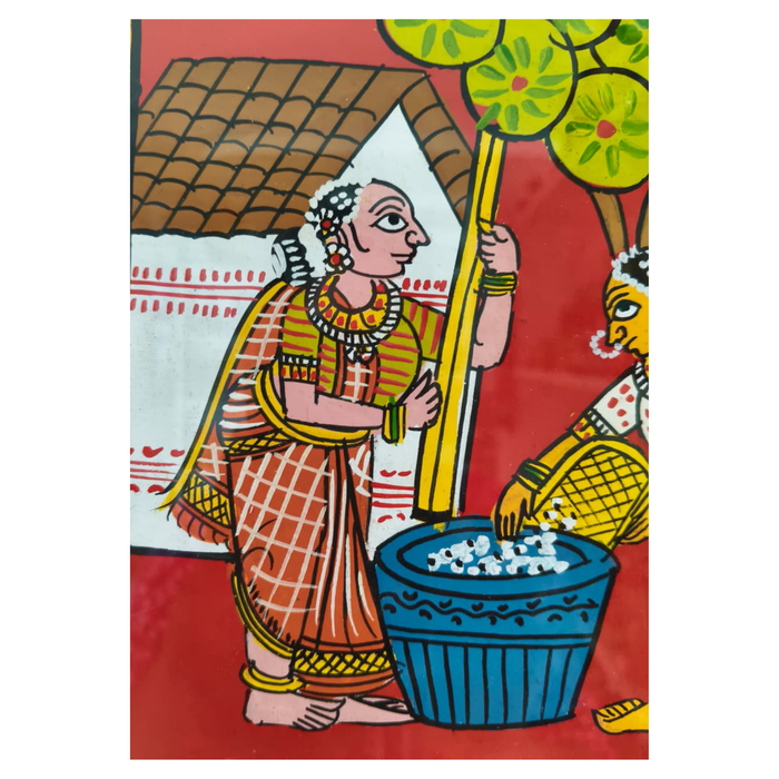 Village Grain Pounding Scene - Telangana Cheriyal Scroll Art   Cheriyala Painting