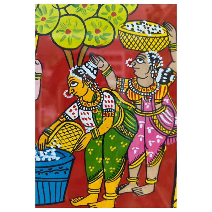 Village Grain Pounding Scene - Telangana Cheriyal Scroll Art   Cheriyala Painting