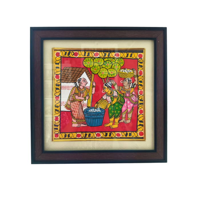 Village Grain Pounding Scene - Telangana Cheriyal Scroll Art   Cheriyala Painting