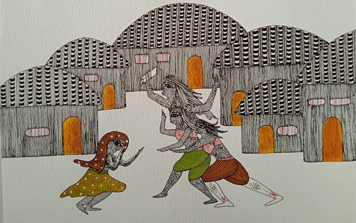 Village Ritual Dance – Hand-Painted Gond Painting   Paintings