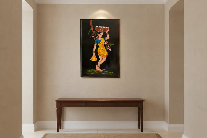 Traditional Nirmal art of fisherwoman carrying basket