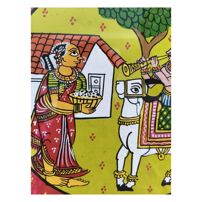 Village Woman Offering Food Scene - Cheriyal Folk Painting   Cheriyala Painting