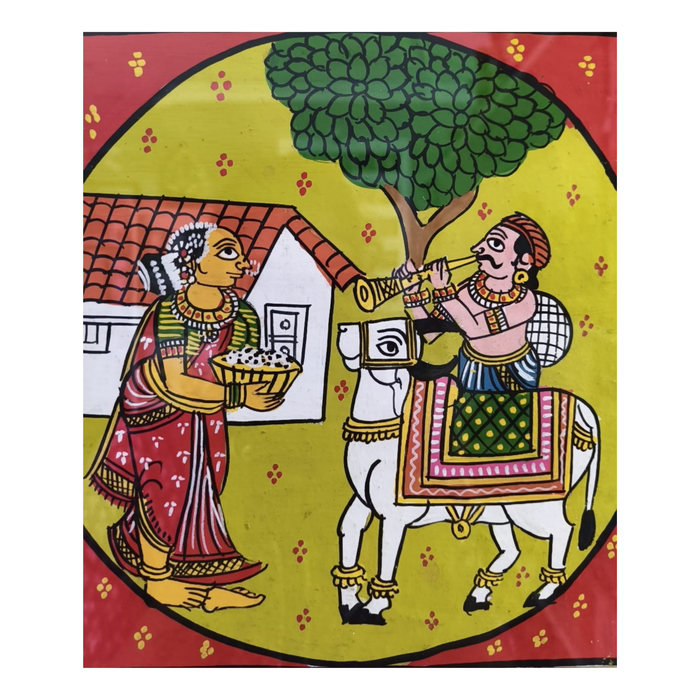 Village Woman Offering Food Scene - Cheriyal Folk Painting   Cheriyala Painting