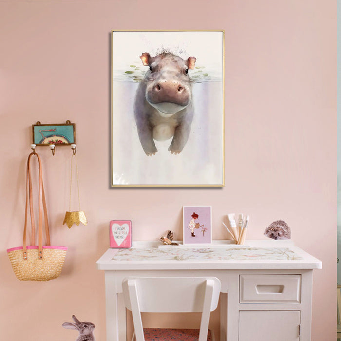 WATERCOLOUR ZOO FRIENDS - BABY HIPPO - FRAMED CANVAS WALL DECOR