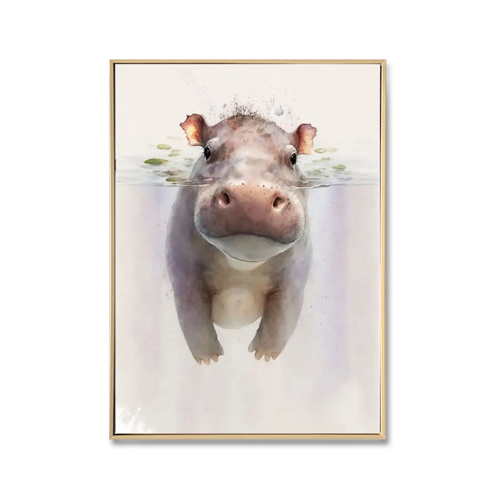WATERCOLOUR ZOO FRIENDS - BABY HIPPO - FRAMED CANVAS WALL DECOR