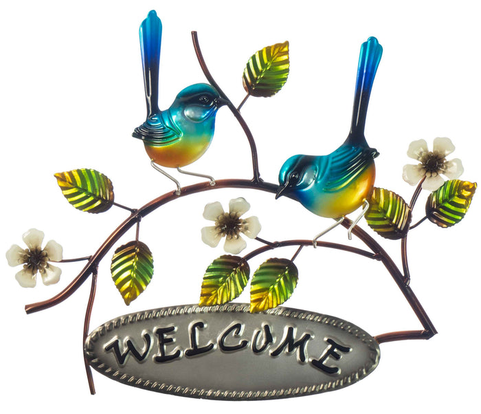 WELCOME BLUE WRENS - METAL WALL DECOR