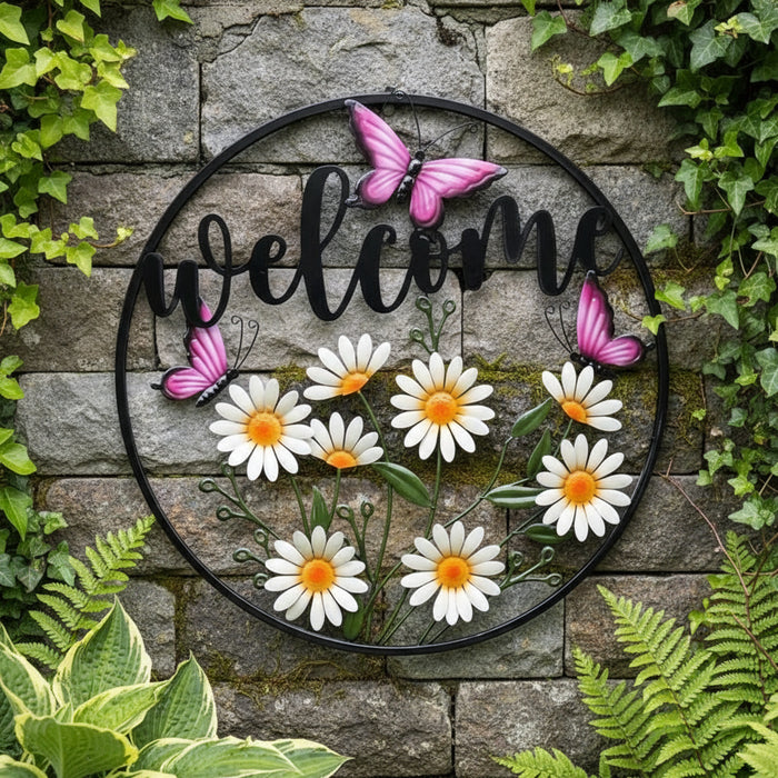 WELCOME ROUND DAISIES WITH PINK BUTTERFLIES WALL DECOR