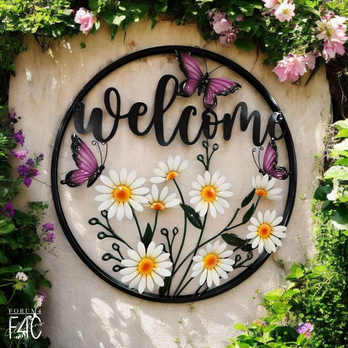WELCOME ROUND DAISIES WITH PINK BUTTERFLIES WALL DECOR