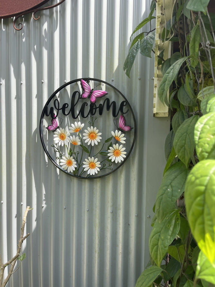 WELCOME ROUND DAISIES WITH PINK BUTTERFLIES WALL DECOR