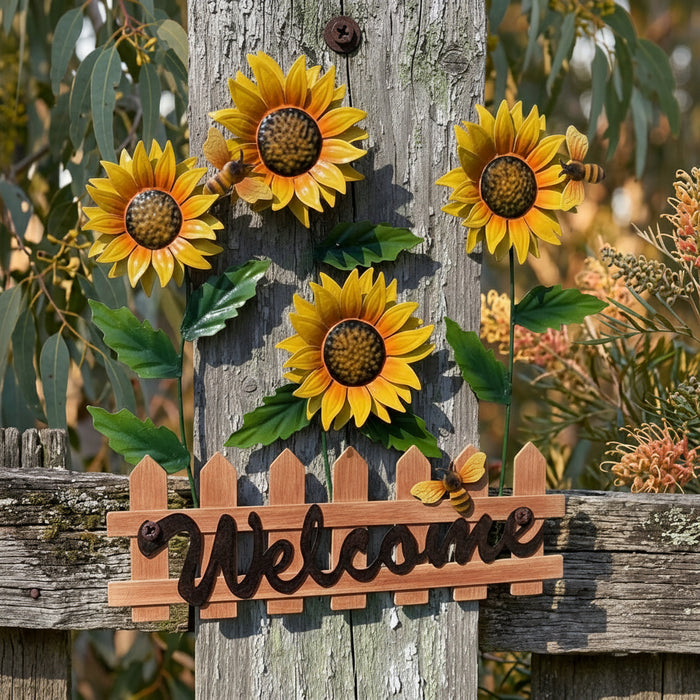 WELCOME SUNFLOWER FIELD WITH BEES METAL WALL DECOR