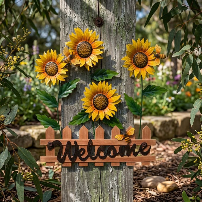 WELCOME SUNFLOWER FIELD WITH BEES METAL WALL DECOR