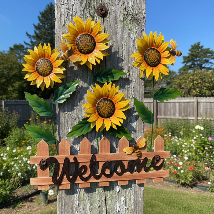 WELCOME SUNFLOWER FIELD WITH BEES METAL WALL DECOR