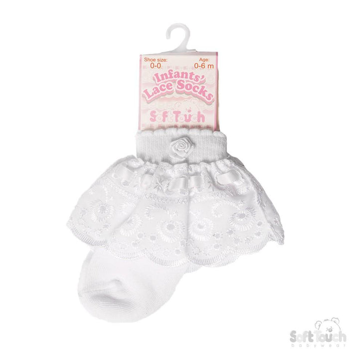 WHITE ANKLE SOCKS W/ LACE & ROSE (0-24 Months) S322-W - Kidswholesale.co.uk