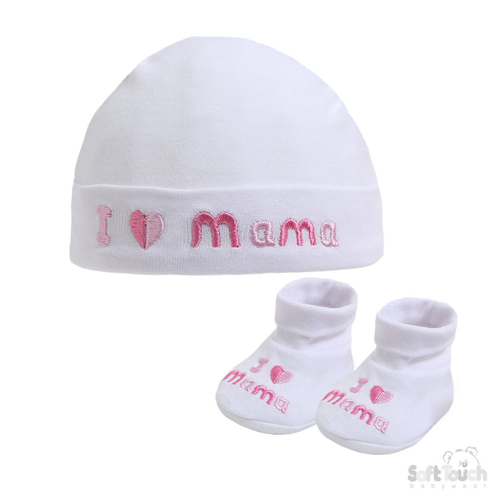 WHITE BABY HAT & BOOTEE SET - I LOVE MAMA (NB-3MONTHS) HB32-M