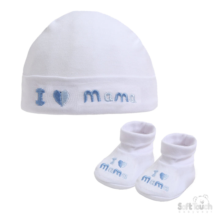 WHITE BABY HAT & BOOTEE SET - I LOVE MAMA (NB-3MONTHS) HB32-M
