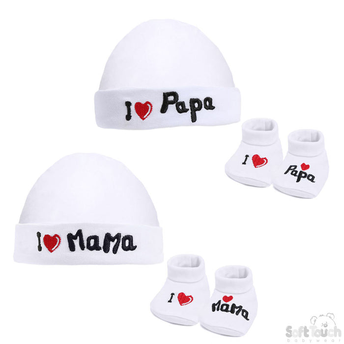 WHITE BABY HAT & BOOTEE SET - I LOVE M/D (NB-3 MONTHS) HB30-W