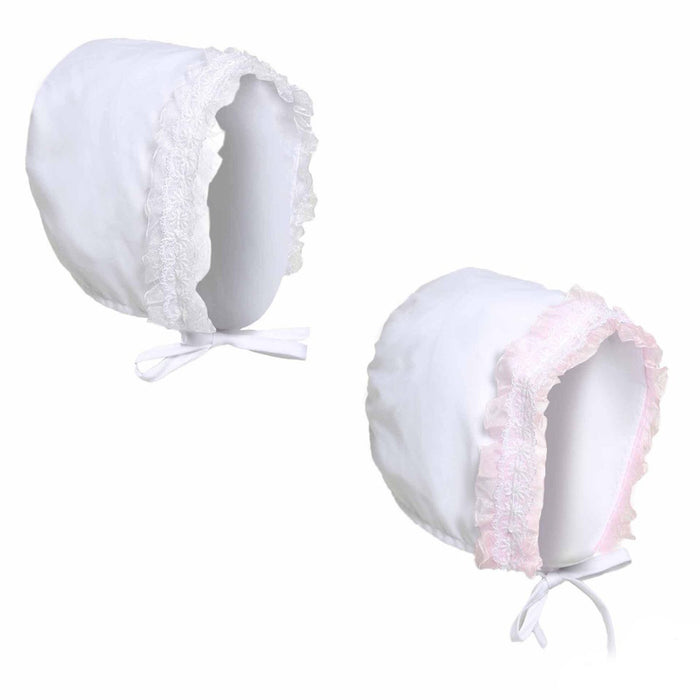 WHITE BONNET HAT W/LACE (6-12 MONTHS) H34 - Kidswholesale.co.uk