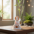 White marble meditating Buddha statue with elegant gold detailing.
