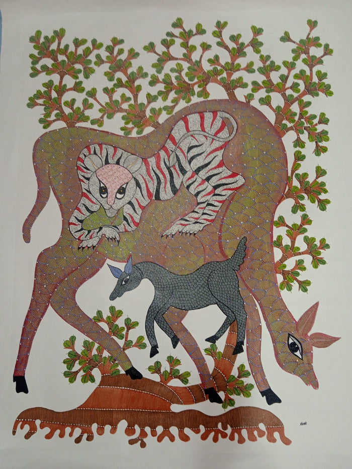 Wild Harmony – Tiger, Deer & Calf Gond Painting   Paintings