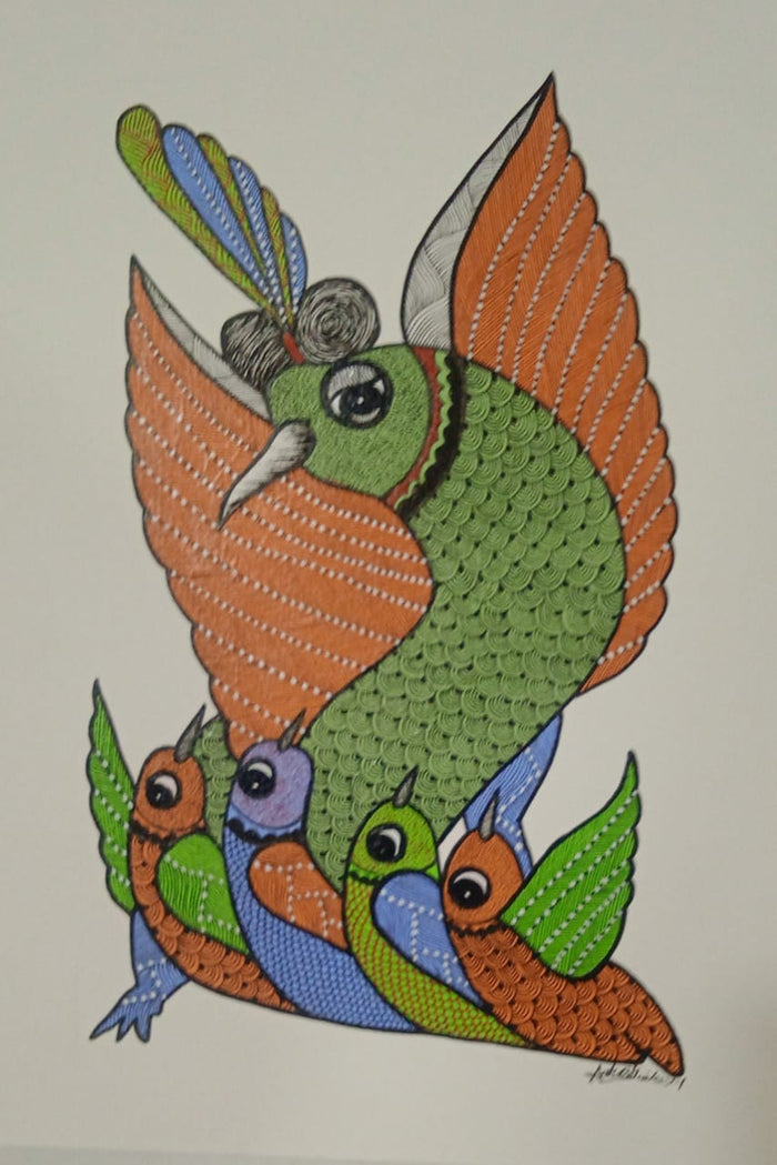 Wings of Care – Mother Bird with Nestlings Gond Painting   Paintings