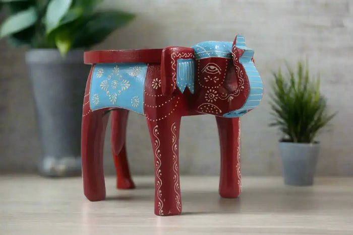 Wooden Elephant Motif Stool – Colorful Hand-Painted Furniture Piece   wooden accessories