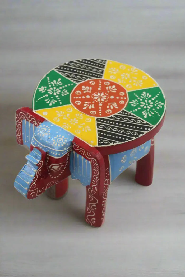 Wooden Elephant Motif Stool – Colorful Hand-Painted Furniture Piece   wooden accessories