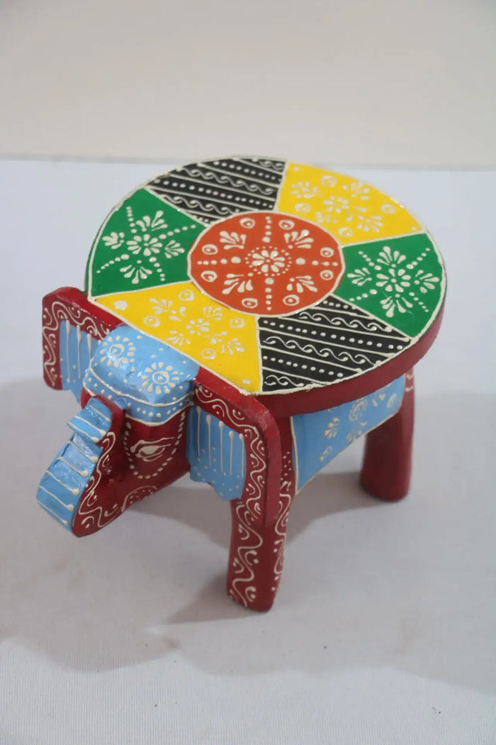 Wooden Elephant Motif Stool – Colorful Hand-Painted Furniture Piece   wooden accessories