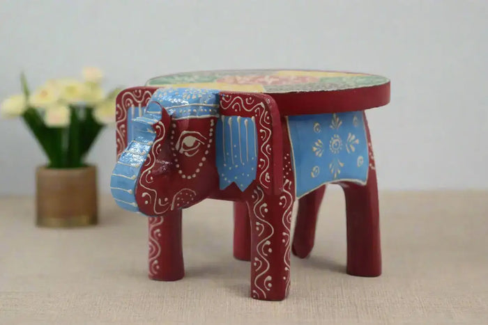 Wooden Elephant Motif Stool – Colorful Hand-Painted Furniture Piece   wooden accessories