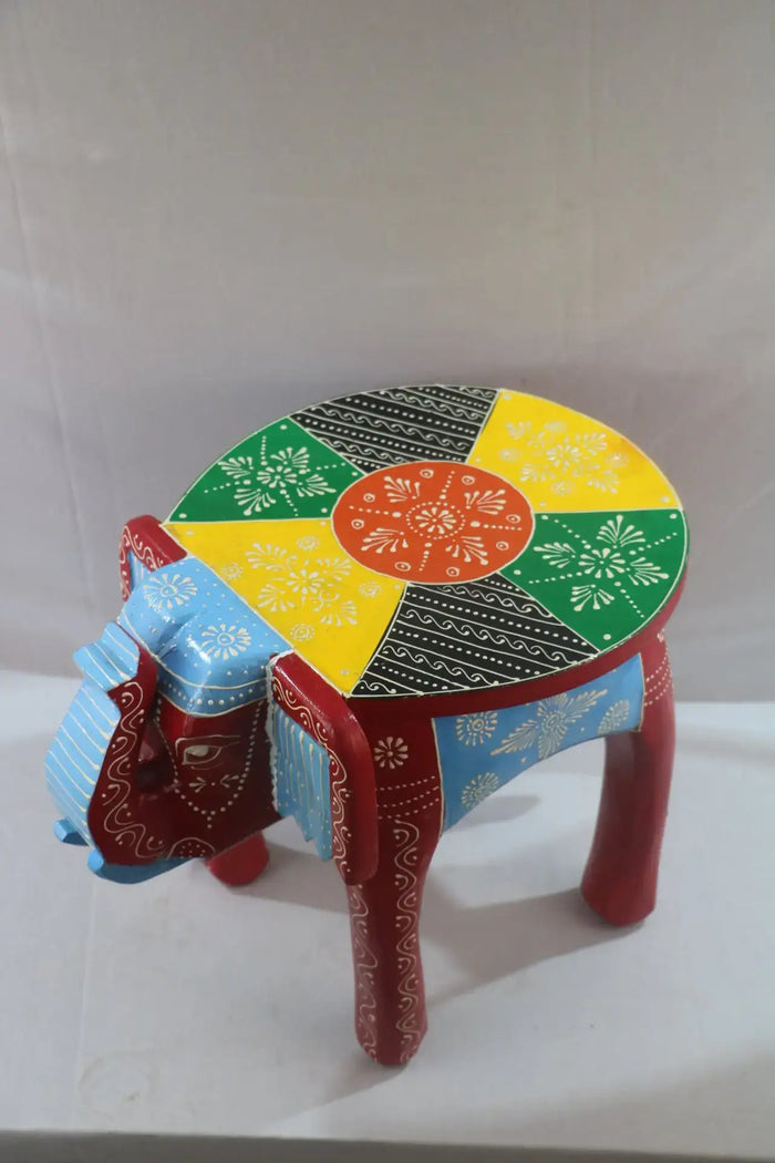 Wooden Elephant Motif Stool – Colorful Hand-Painted Furniture Piece   wooden accessories