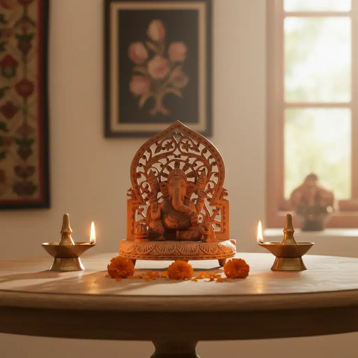 Wooden Lord Ganesh Jali Idol | Artisan Spiritual Sculpture maruthi handicrafts
