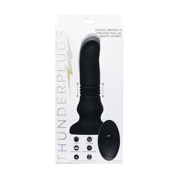 Thunderplugs™ Silicone Vibrating & Thrusting Plug w/ Remote - Black - Butt