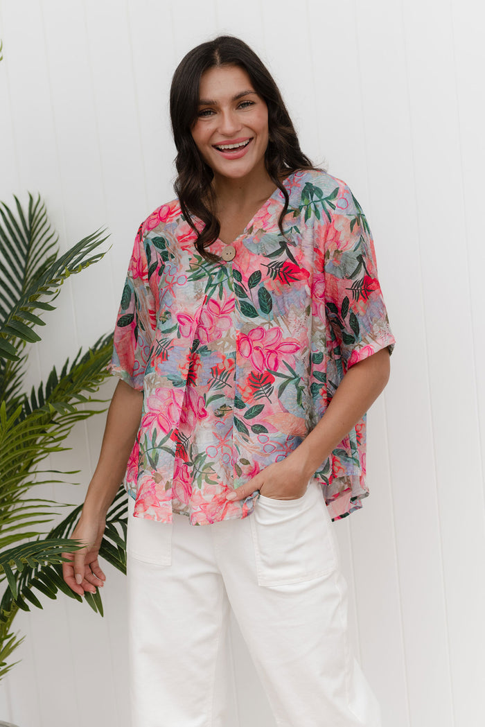 Yasmin Pink Floral Layered Button Top,Lifestyle