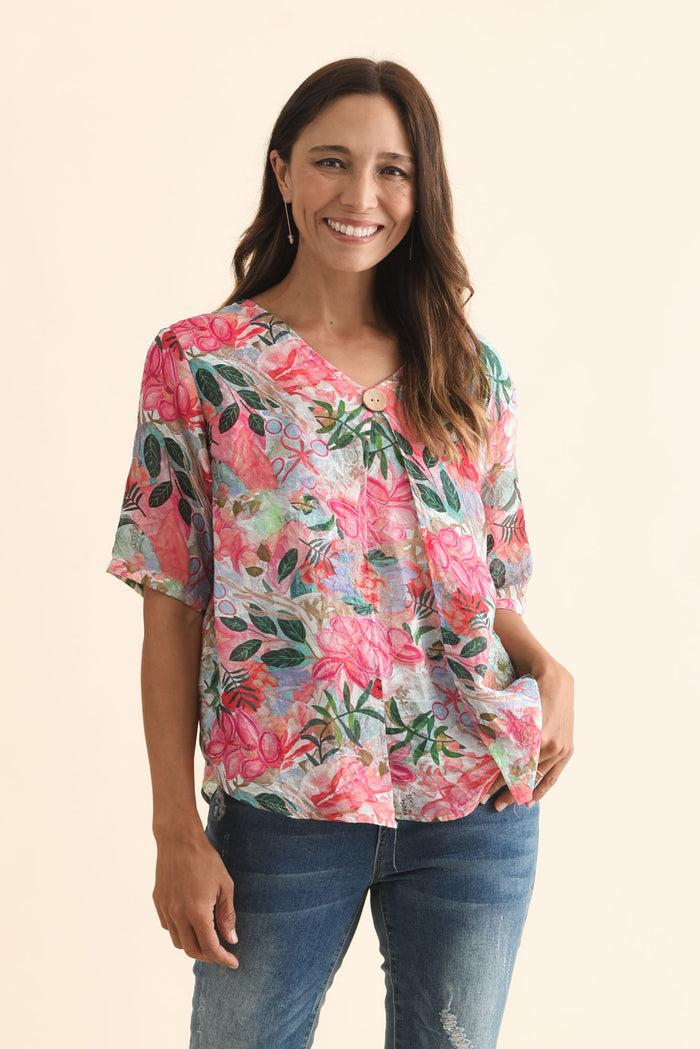 Yasmin Pink Floral Layered Button Top,Brunette model,alt text|model:Cara