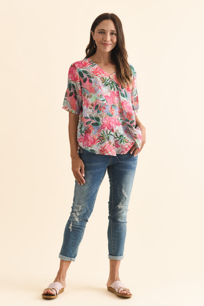 Yasmin Pink Floral Layered Button Top,Brunette model,alt text|model:Cara