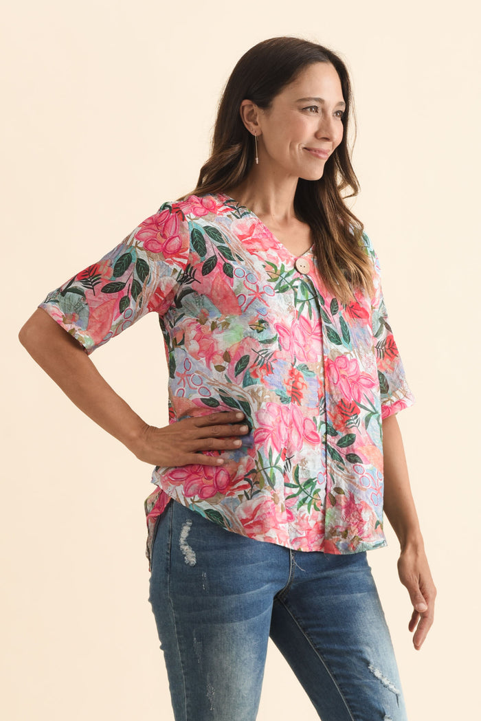 Yasmin Pink Floral Layered Button Top,Brunette model,alt text|model:Cara
