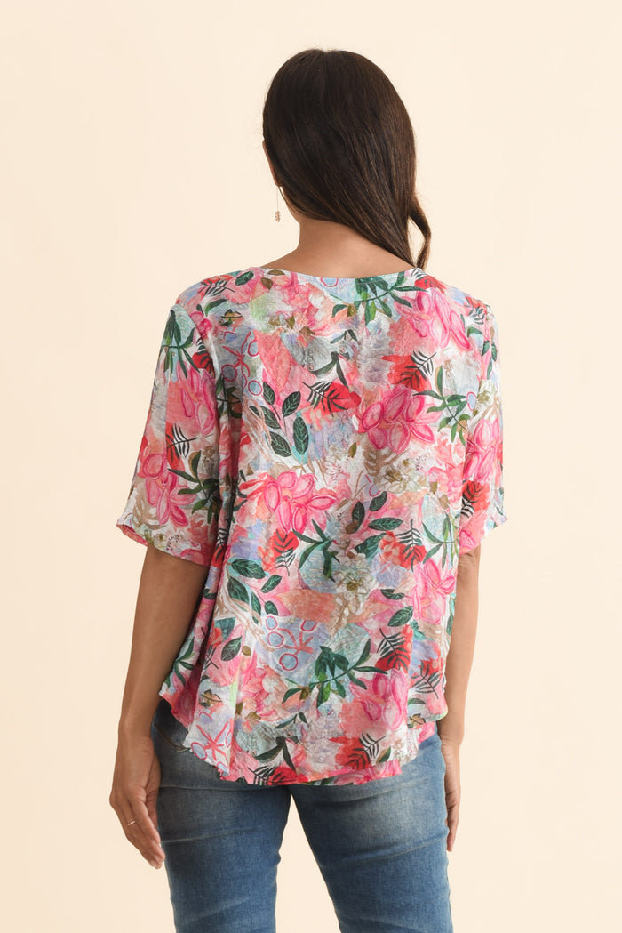 Yasmin Pink Floral Layered Button Top,Brunette model,alt text|model:Cara